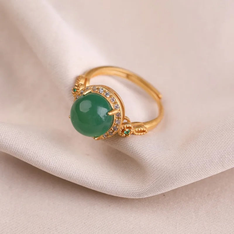 Vintage Gold Green Gemstone & Shiny Crystal Adjustable Ring-EllyBoutique