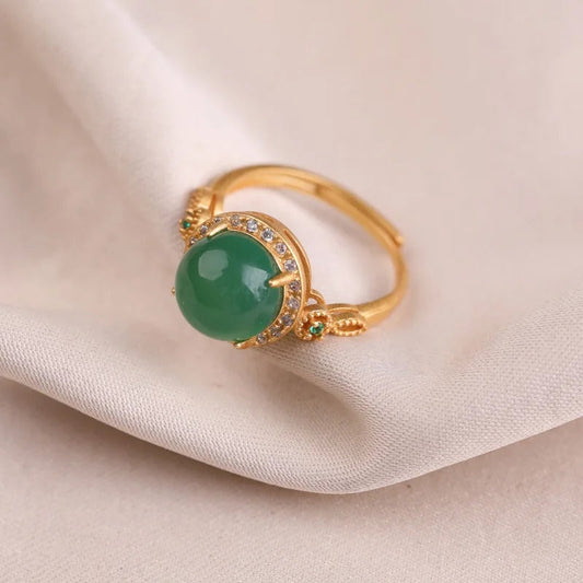Vintage Gold Green Gemstone & Shiny Crystal Adjustable Ring-EllyBoutique
