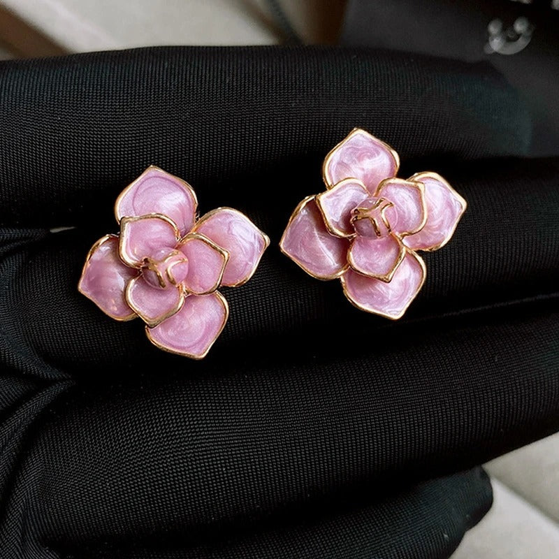 Gold Purple Enamel Flower Stud Earrings-EllyBoutique