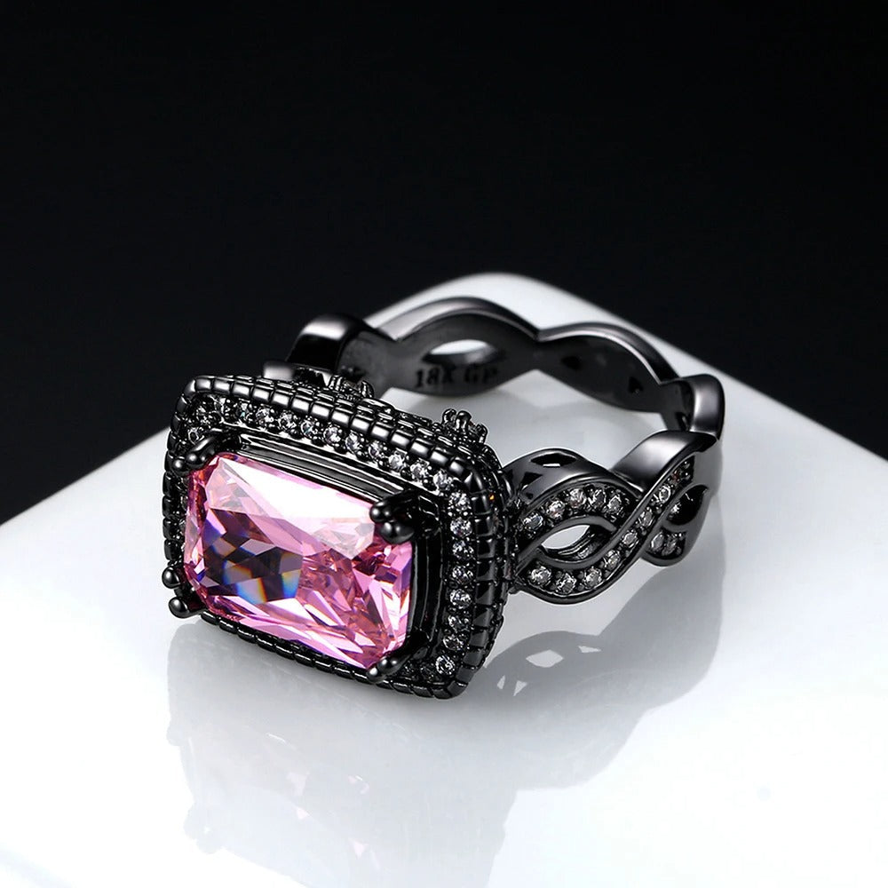 Pink Gemstone & Intricate Black Gold Band Ring-EllyBoutique