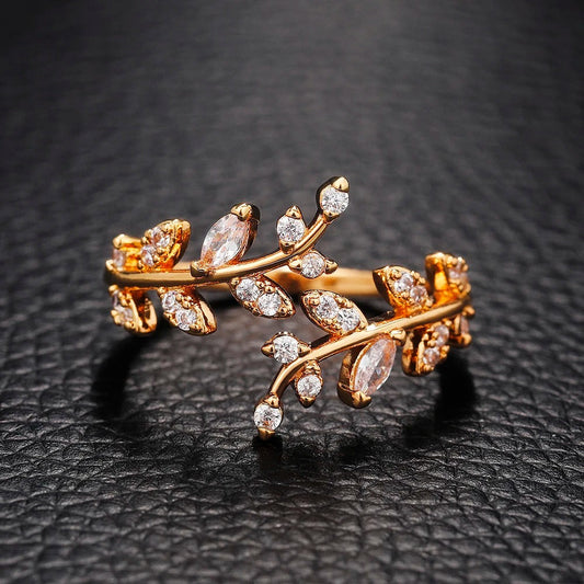 Gold Sparkling Leaf Branch Adjustable Ring-EllyBoutique