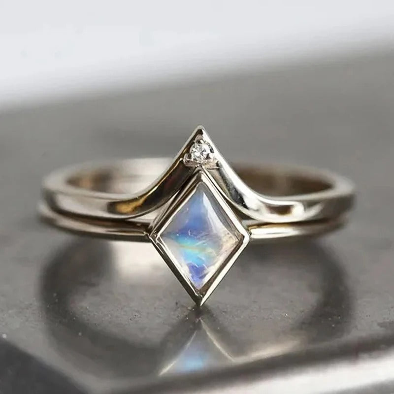 Vintage Silver Geometric Moonstone Ring-EllyBoutique