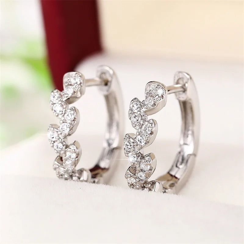 Silver Sparkling Leaf Earrings-EllyBoutique