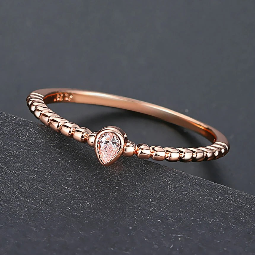 Vintage Rose Gold Pink Crystal Tear Drop Ring-EllyBoutique