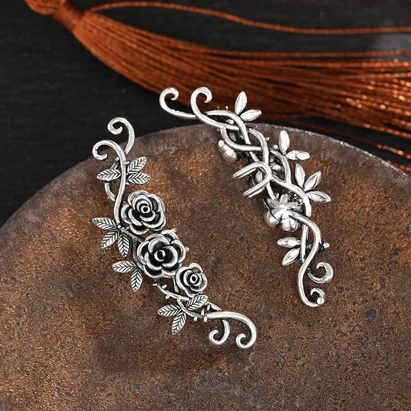 Vintage Silver Floral Pattern Earrings-EllyBoutique