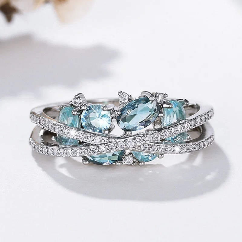 Silver Blue Gemstone Cross Ring-EllyBoutique