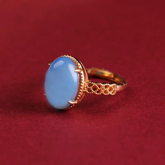 Vintage Gold Light Blue Oval Gemstone Adjustable Ring-EllyBoutique