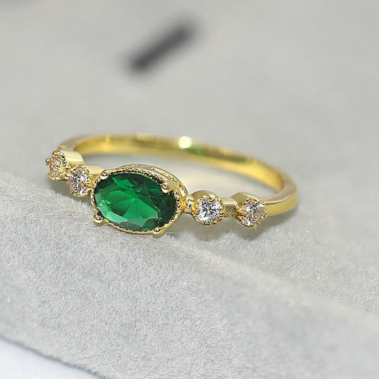 Vintage Gold Green Oval Gemstone & Sparkling Side Ring-EllyBoutique