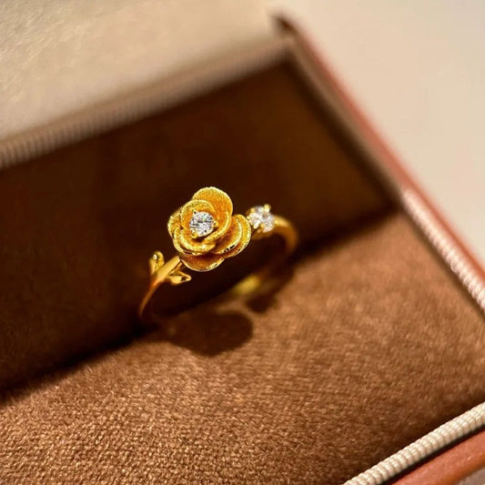 Vintage Gold Floral Diamond Studded Adjustable Ring-EllyBoutique