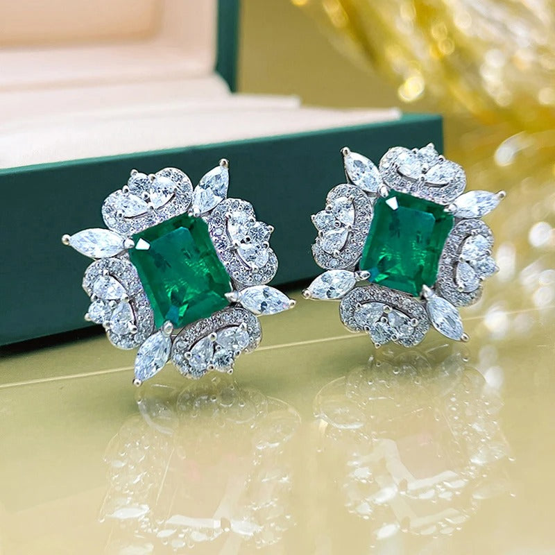 Vintage Silver Green Gem Earrings-EllyBoutique