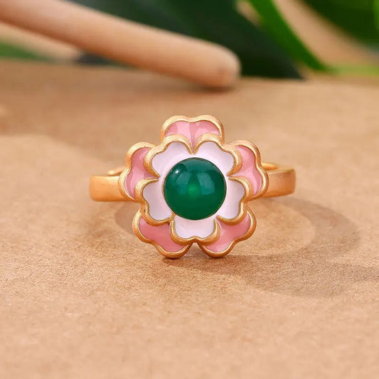 Retro Floral Gold Green Stone & Pink Flower Adjustable Ring-EllyBoutique
