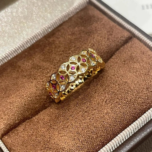 Antique-Inspired Gold & Ruby Floral Design Adjustable Ring-EllyBoutique