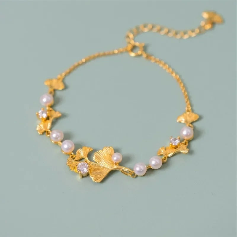 Classic Gold Ginkgo Leaf Pearl Bracelet-EllyBoutique