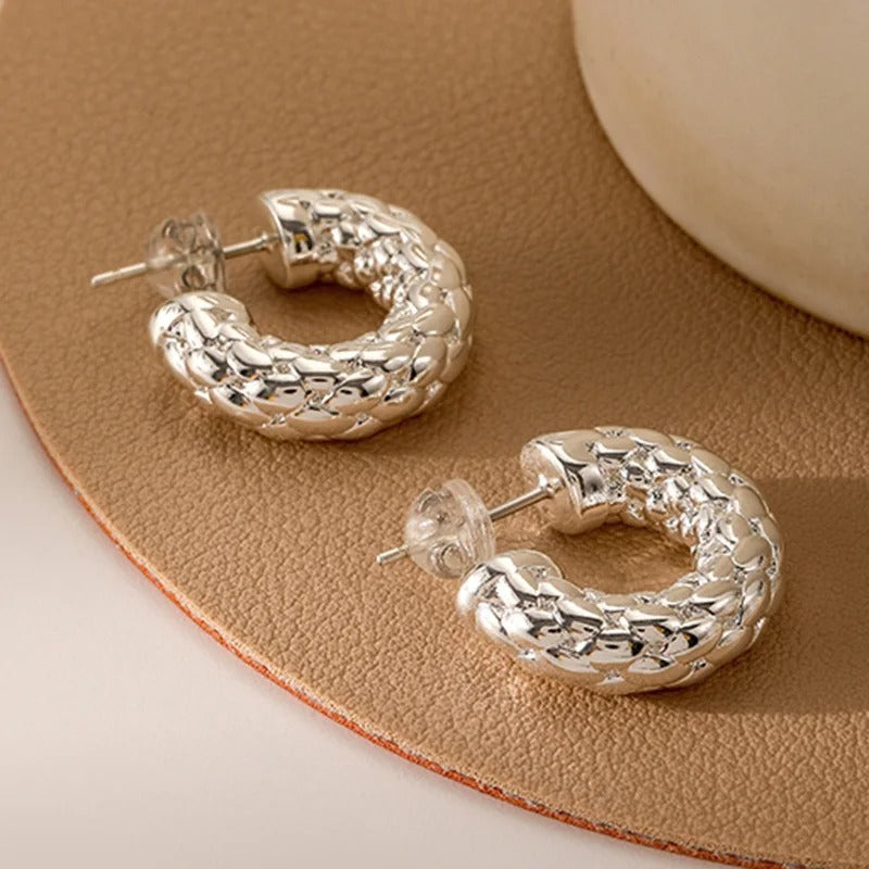 Silver Braided Round Hoop Earrings-EllyBoutique