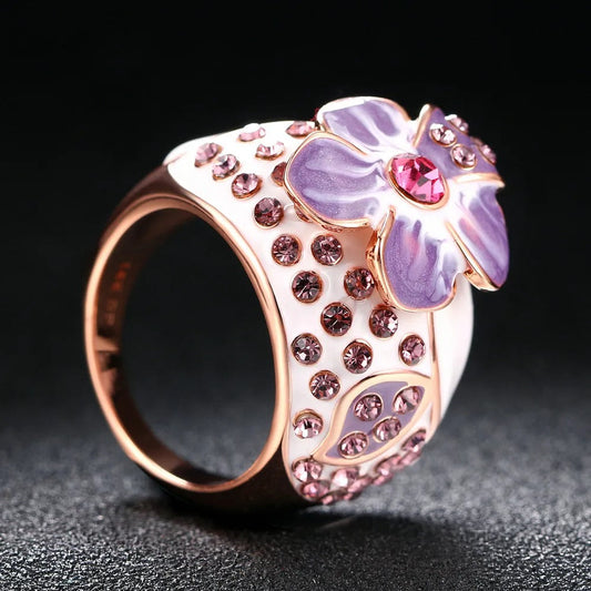Classic Rose Gold Purple Floral Design & Crystal Ring-EllyBoutique