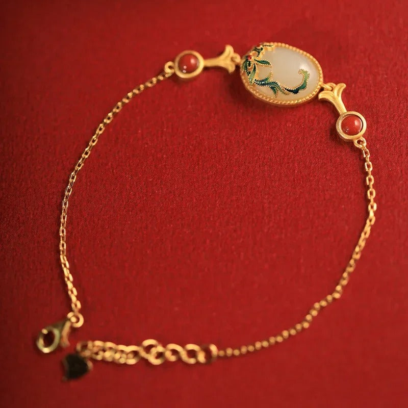 Vintage Gold Green & Red Coral Gem Floral Bracelet-EllyBoutique