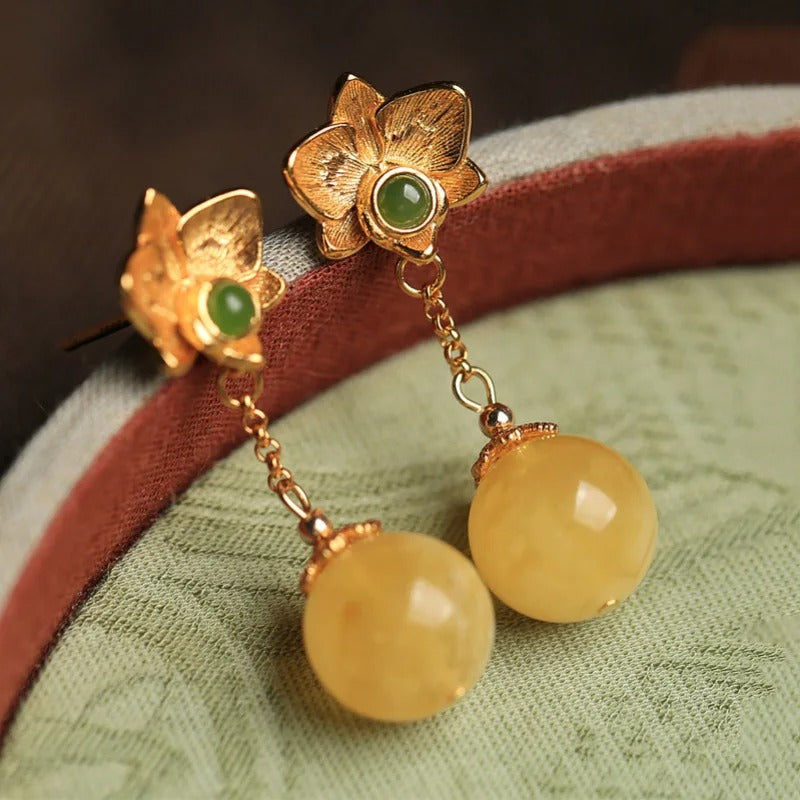 Vintage Gold Yellow Ball Gemstones & Green Floral Earrings-EllyBoutique