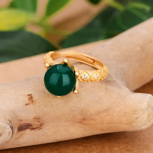 Vintage Gold Natural Green Bead Crown Adjustable Ring-EllyBoutique