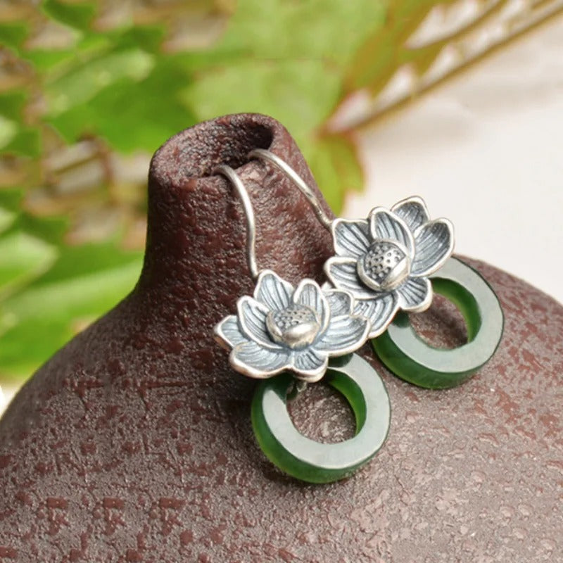 Classic Silver & Green Jade Flower Drop Earrings-EllyBoutique