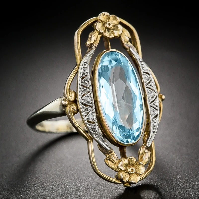 Two-Tone Gold & Silver Blue Gemstone Ring-EllyBoutique