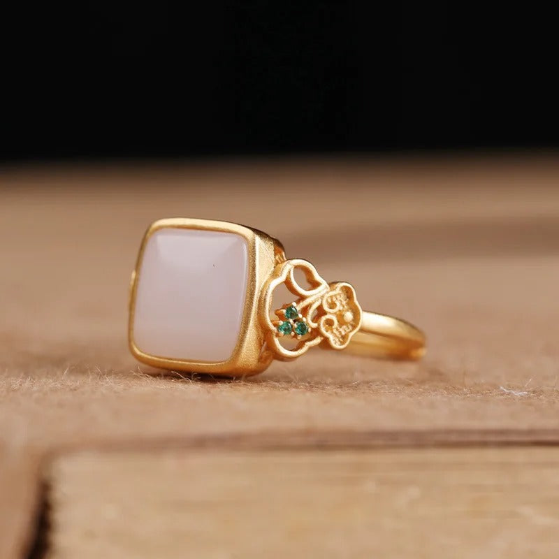 Vintage Gold Square White Stone & Floral Accent Adjustable Ring-EllyBoutique