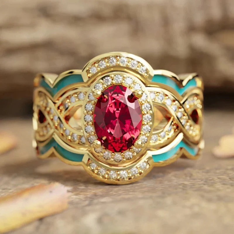 Vintage Gold Red Gem Crystal Ring-EllyBoutique