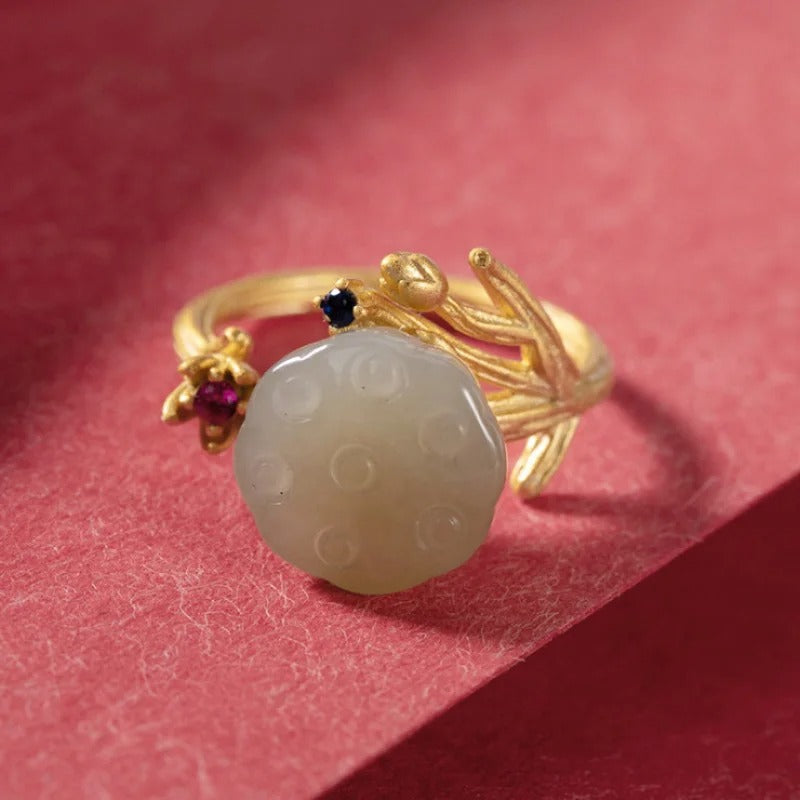 Vintage Gold Carved Green Stone & Floral Accent Adjustable Ring-EllyBoutique