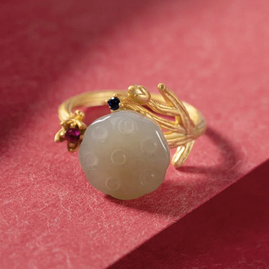Vintage Gold Carved Green Stone & Floral Accent Adjustable Ring-EllyBoutique