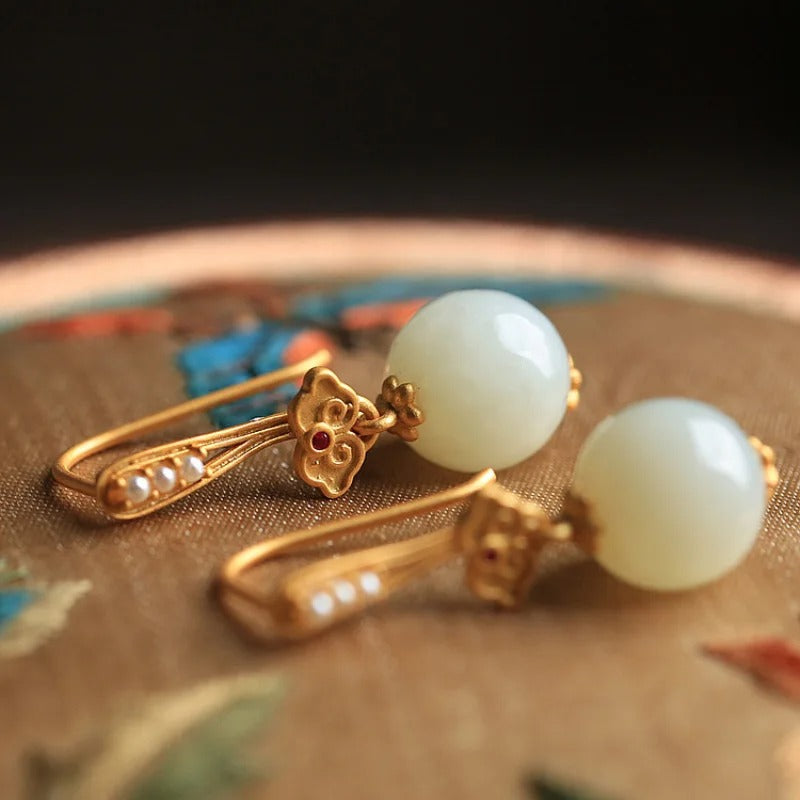 Vintage Gold White Inlaid Pearl Floral Design Earrings-EllyBoutique