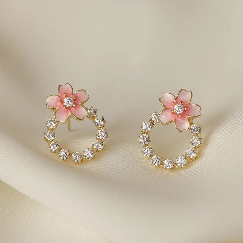 Gold Pink Flower Stud Earrings-EllyBoutique
