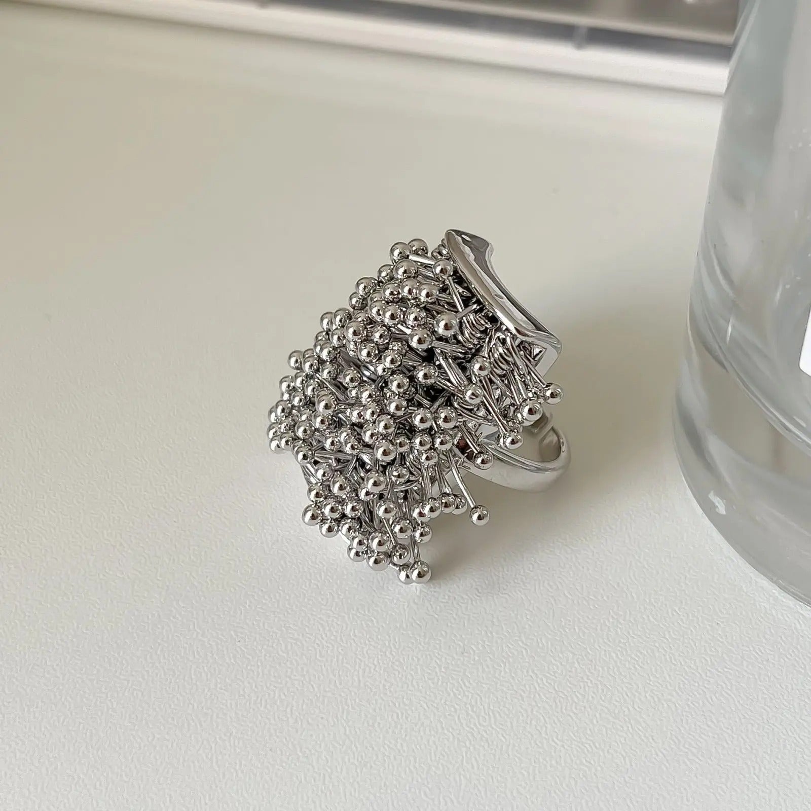 Silver Unique Cluster Ball-Studded Adjustable Ring-EllyBoutique