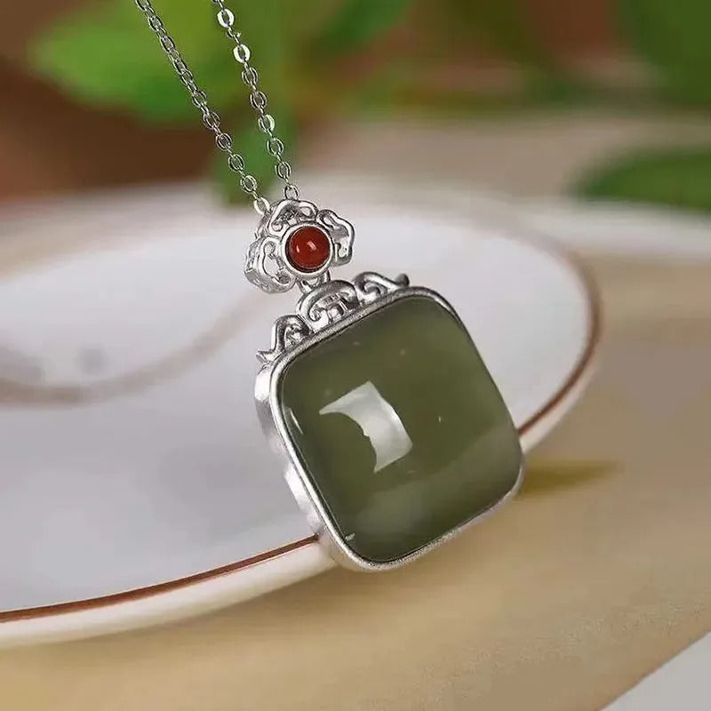 Classic Silver Green Square Gem Pendant Necklace-EllyBoutique