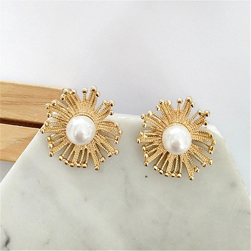 Gold Sunburst Fireworks Pearl Earrings-EllyBoutique