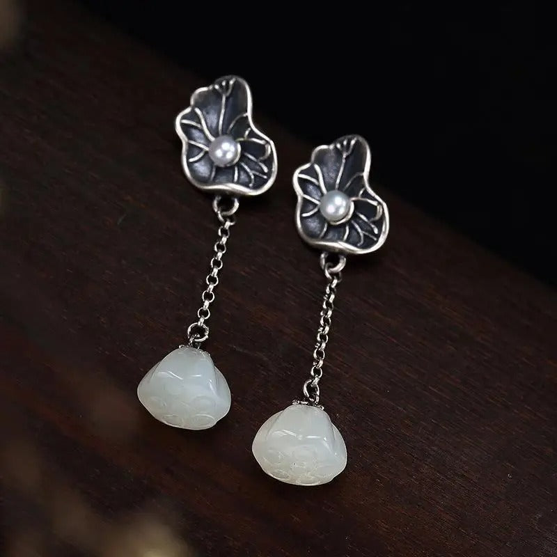 Classic Silver & White Jade Lotus Leaf Pearl Earrings-EllyBoutique