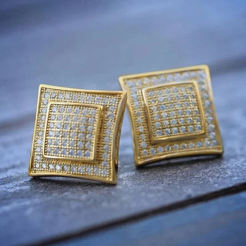 Gold Square Sparkle Stud Earrings-EllyBoutique
