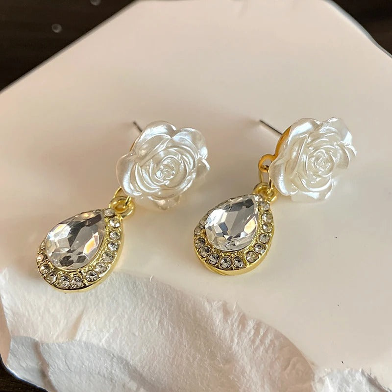 Vintage White Rose Teardrop Earrings-EllyBoutique