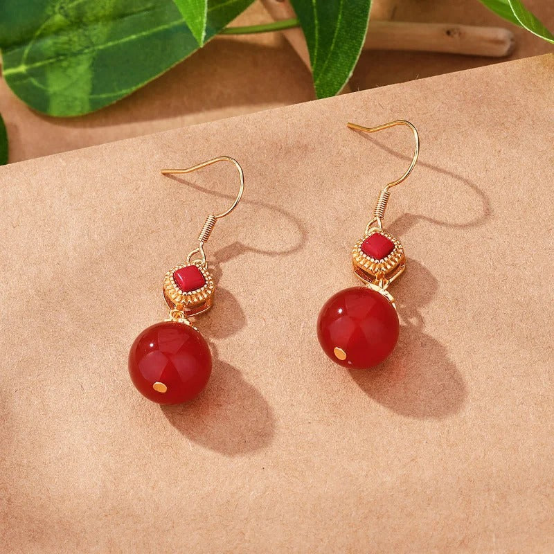 Vintage Gold & Red Gemstone Round Bead Dangle Earrings-EllyBoutique