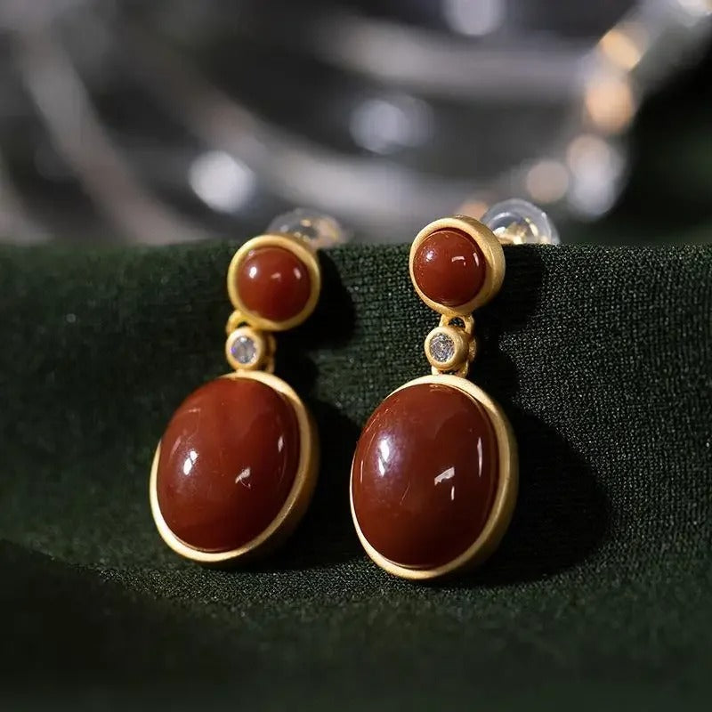 Classic Gold & Red Gemstone Dangle Earrings-EllyBoutique