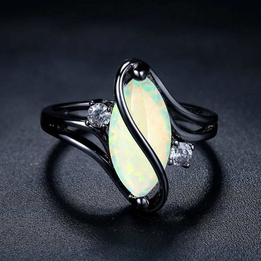 Vintage Black Silver Opal & Crystal Accent Ring-EllyBoutique