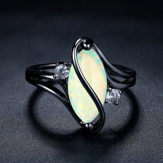 Vintage Black Silver Opal & Crystal Accent Ring-EllyBoutique