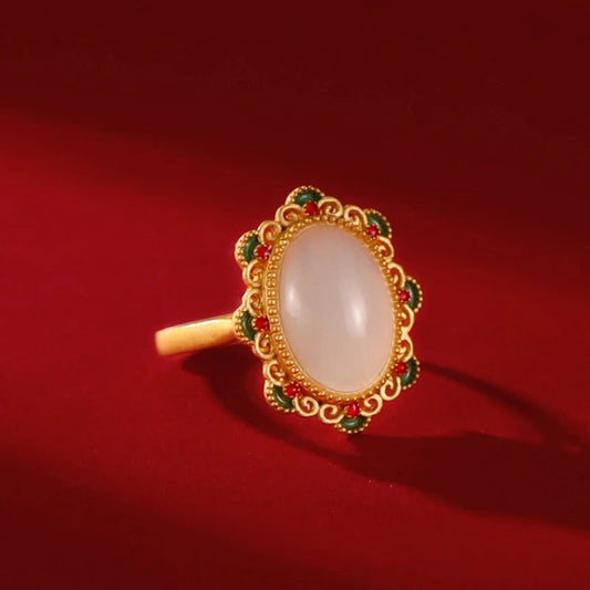 Classic Gold Oval White Gemstone & Floral Accent Adjustable Ring-EllyBoutique