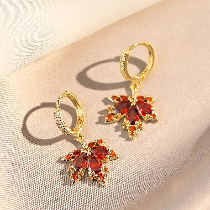 Red Zircon Maple Leaf Pendant Earring-EllyBoutique