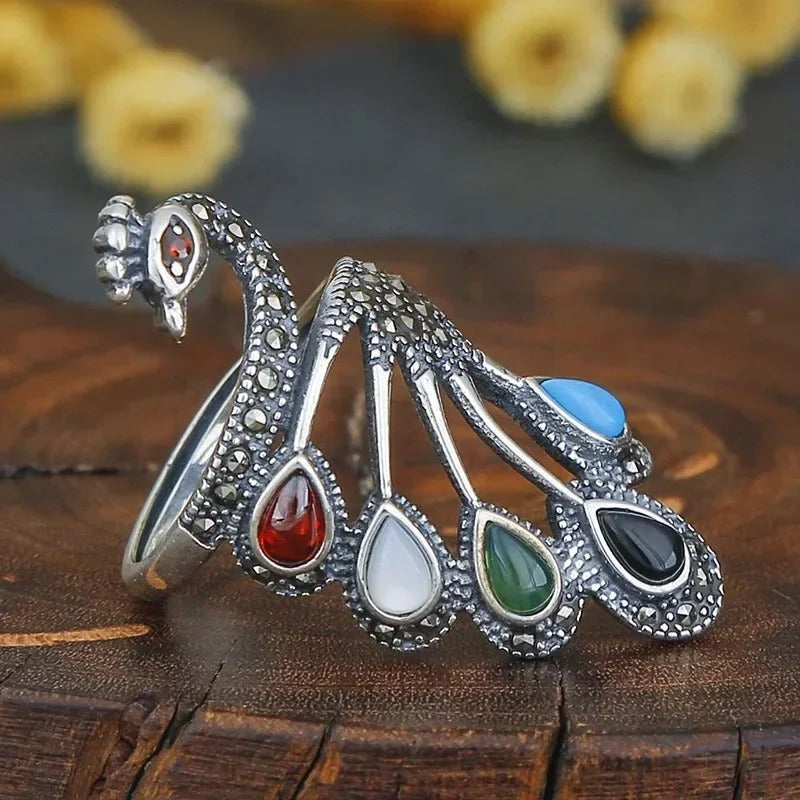 Ethnic Silver Multicolor Gemstone Gorgeous Peacock Ring-EllyBoutique