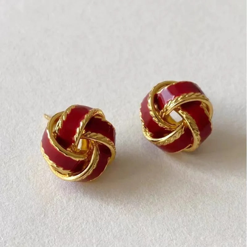 Gold-Plated Red Knot Design Stud Earrings-EllyBoutique