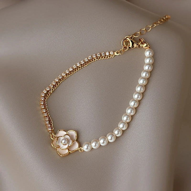 Vintage Pearl & Gold Floral Bracelet-EllyBoutique