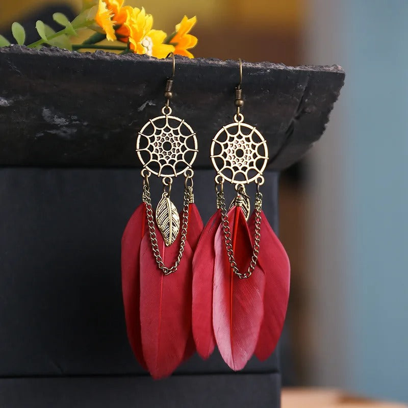 Vintage Dreamcatcher & Red Feather Dangle Earrings-EllyBoutique