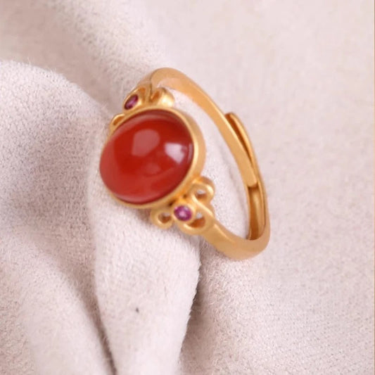 Vintage Gold Inlaid Natural Red Carnelian Oval Adjustable Ring-EllyBoutique
