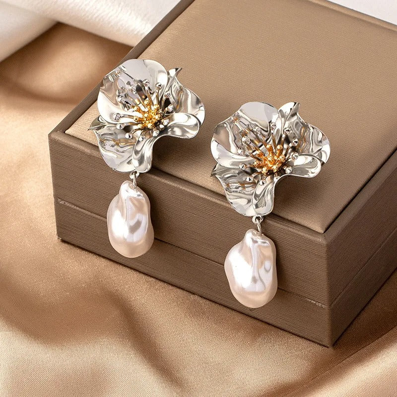 Vintage Silver Flower Pearl Drop Earrings-EllyBoutique