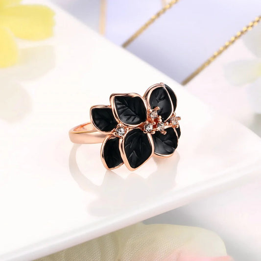 Timeless Rose Gold Black Floral Ring-EllyBoutique