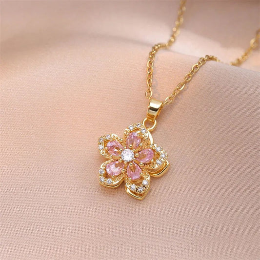 Gold Pink Crystal Flower Necklace-EllyBoutique